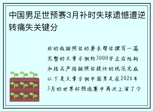 中国男足世预赛3月补时失球遗憾遭逆转痛失关键分
